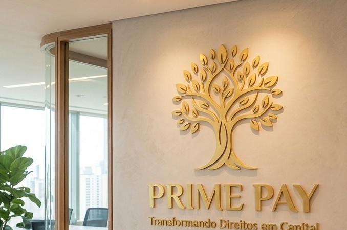 Recepção do escritório da Prime Pay com o logo na parede