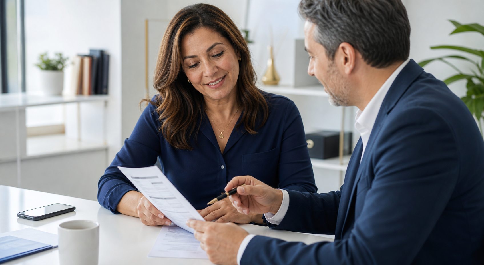 Consultor explicando contrato banc&aacute;rio para cliente